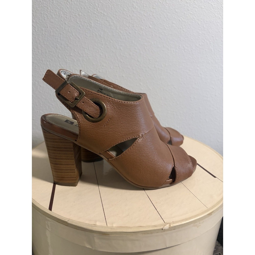 White Mountain~ District~8M~ Brown Leather Peep Toe Slingback Block High Heels - Picture 9 of 14